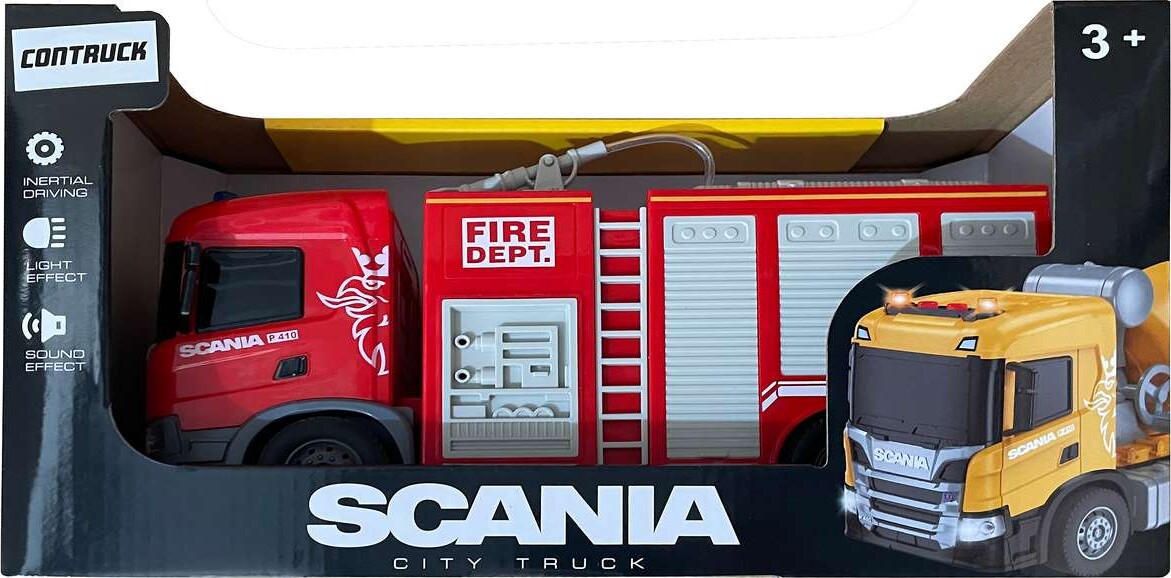 Scania Brandbil M/sprøjte ,lys & Lyd, 28x10x15,5cm - Contruck