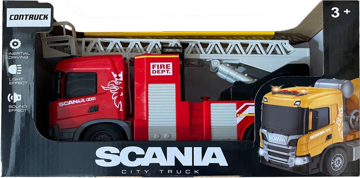 Scania Brandbil M/stige, Lys & Lyd, 31x10x16,3cm - Contruck