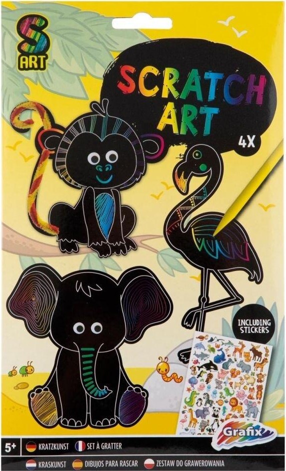 Grafix - Scratch Art Sæt Inkl. Stickers - Løve Elefant Pelikan