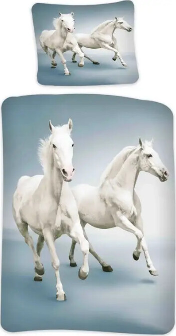 Heste sengetøj - 140x200 cm - Hvide galoperende heste - Vendbart design - Sengesæt i 100% bomuld