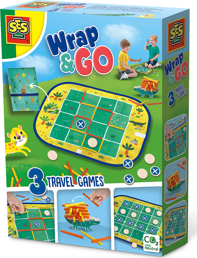 SES Creative Wrap & Go - 3 Travel Games - 3-in-1 - Four in a Row - Dots and Boxes - Pack Croco