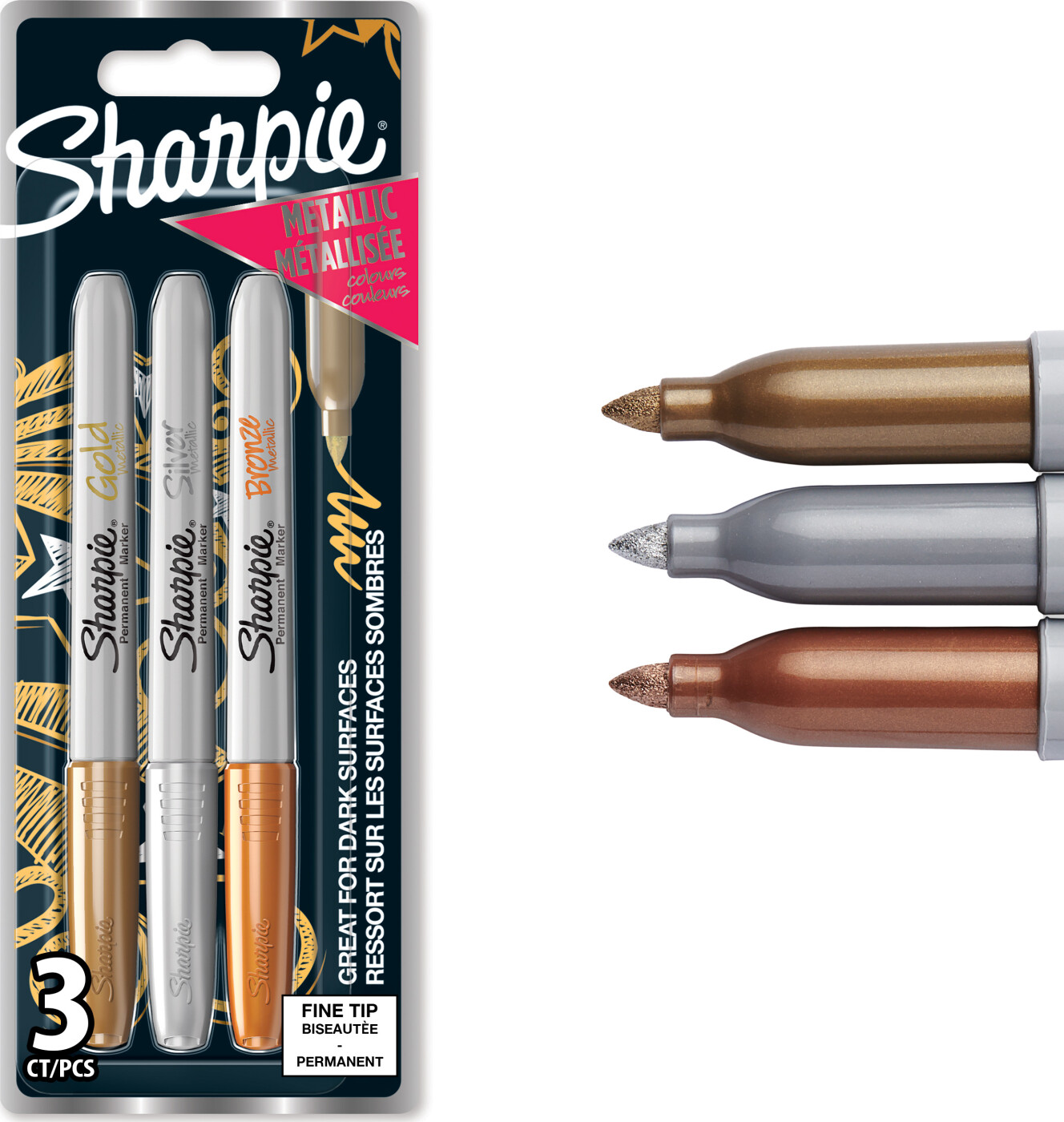 Sharpie - Metallic Permanente Markers - Guld/sølv/bronze - 3 Stk