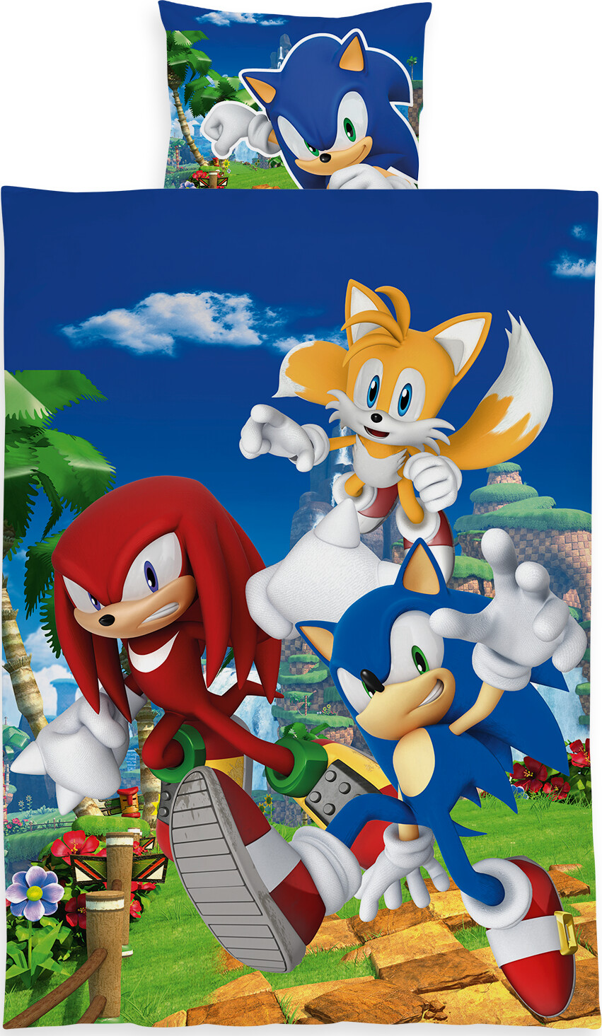 Sonic sengetøj 140x200 cm - Vendbart sengesæt med Sonic The Hedgehog og venner - 100% blødt bomulds sengelinned