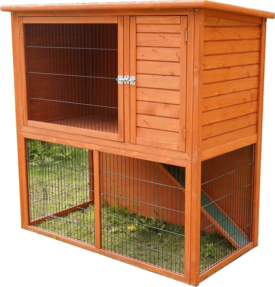 Sunnypet - Udendørs Bur Til Kanin Med Græsnings Areal Og Etage Med Rampe 134,5x 70,5x128,6cm