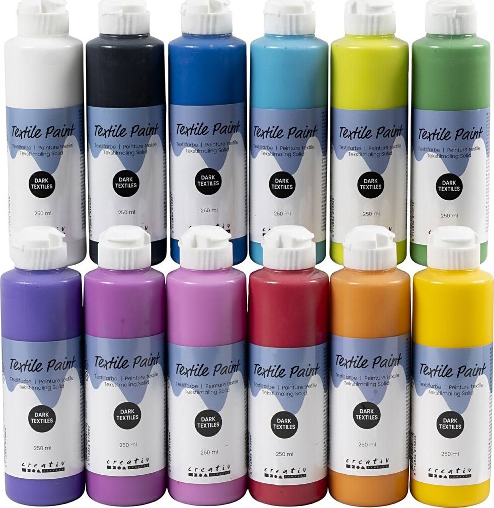 Tekstilmaling Solid - Dækkende - Assorterede Farver - 12x250 Ml - Creativ Company