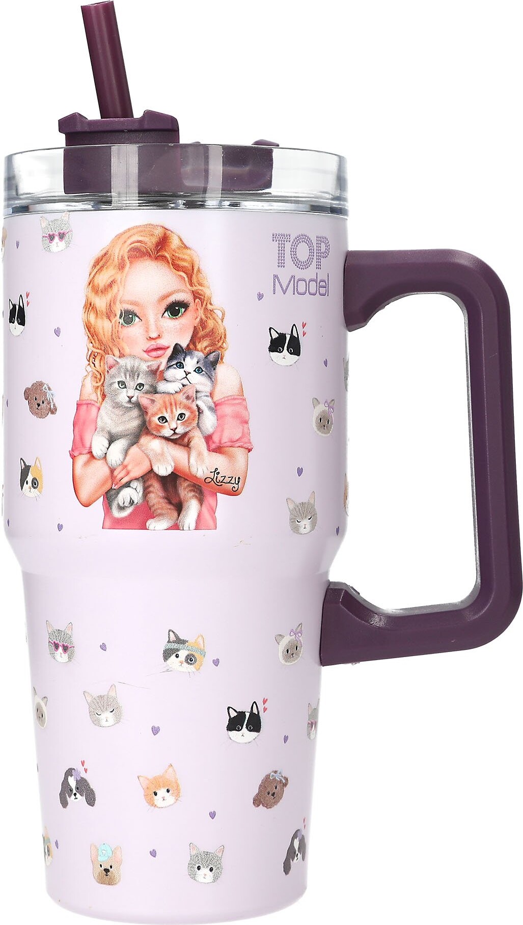 Top Model - Termokop Med Hank Og Sugerør - Kitty And Doggy - 600 Ml