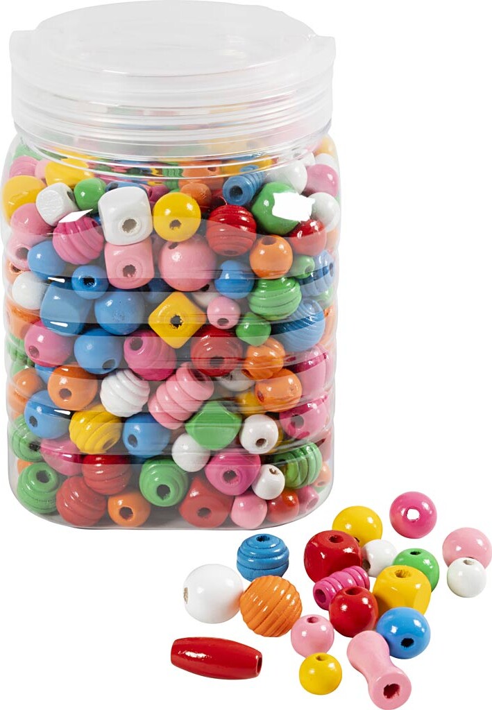 Træperler - ø 5-28 Mm - Hulstr. 2,5-3 Mm - Assorterede Farver - 400 G/ 1 Spand