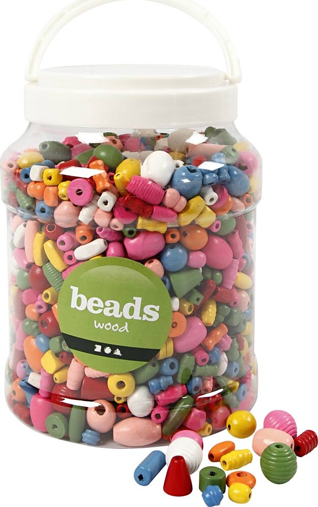 Træperler - ø 5-28 Mm - Hulstr. 2,5-3 Mm - Assorterede Farver - 800 G - 2 L/ 1 Spand