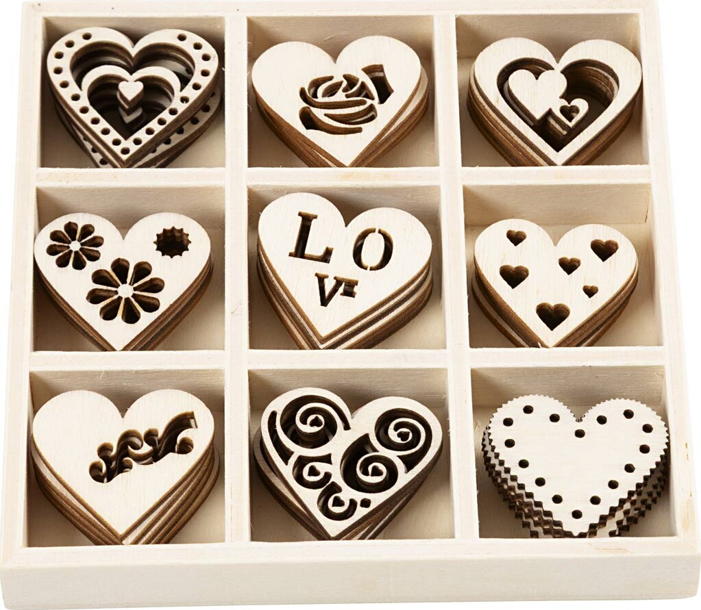 Træpynt - Hjerte - Str. 28 Mm - Tykkelse 2 Mm - 45 Stk.