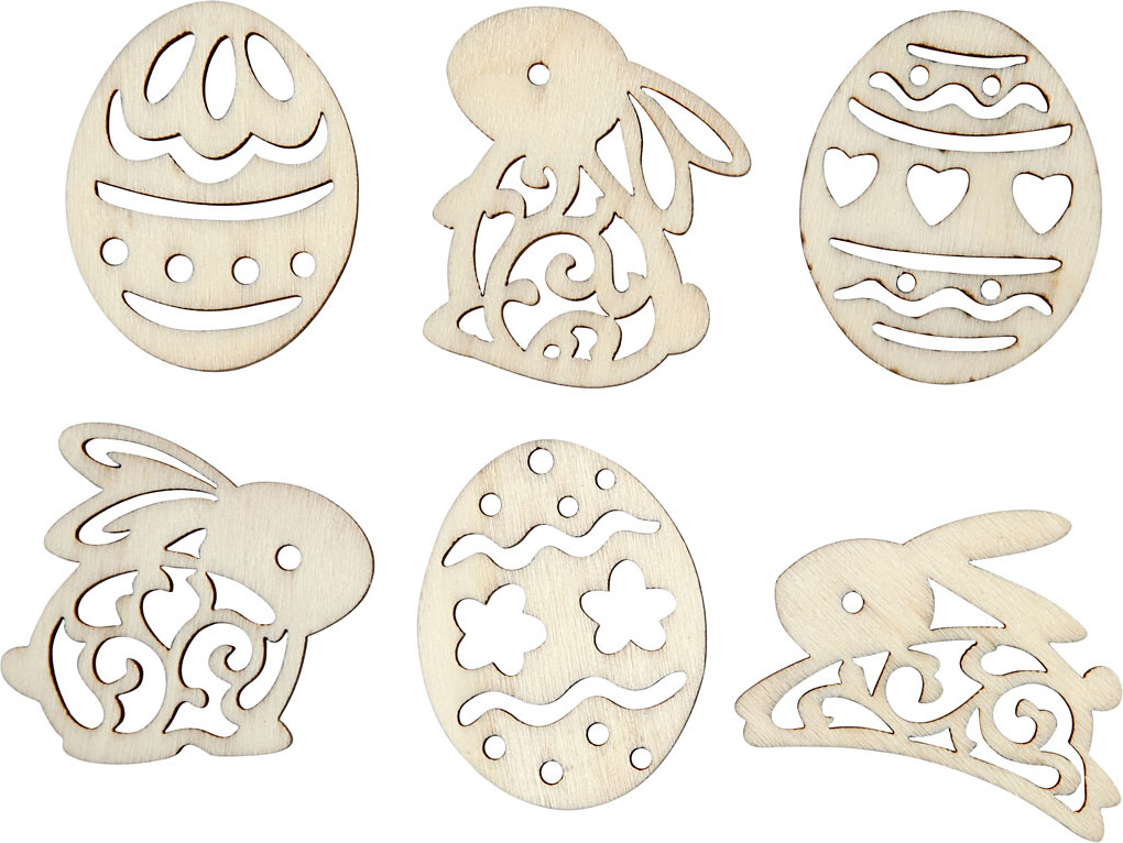 Træpynt, påskeæg og harer, H: 40 mm, tykkelse 3 mm, 24stk./ 1 pk.