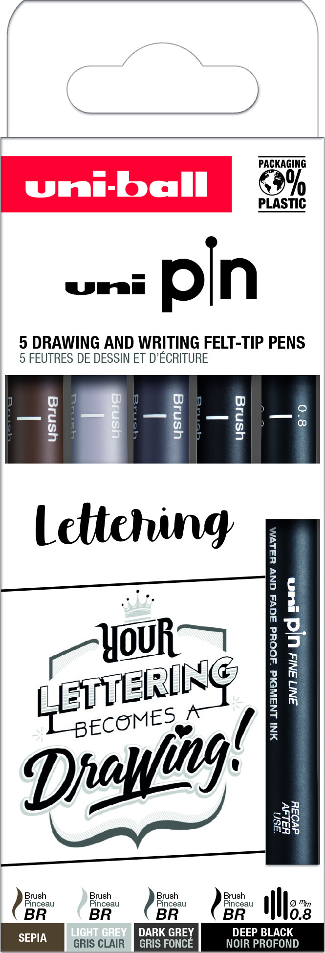 Uni Pin set lettering 5 stk (brush sepia, light grey, dark grey, black/0,8) pigmented ink