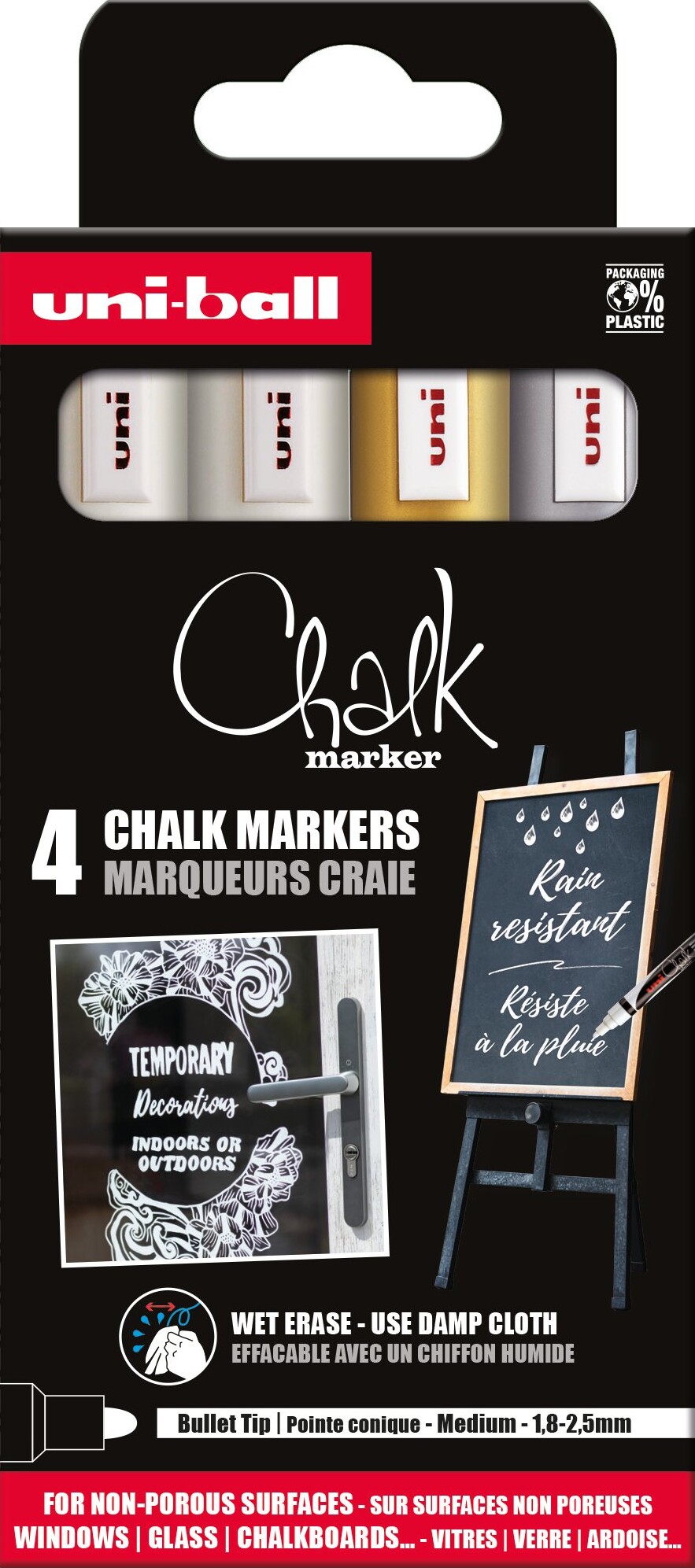 Uniball - Chalk Marker Pwe-5m, Set Of 4 Markers - Gold, Silver & 2 X White