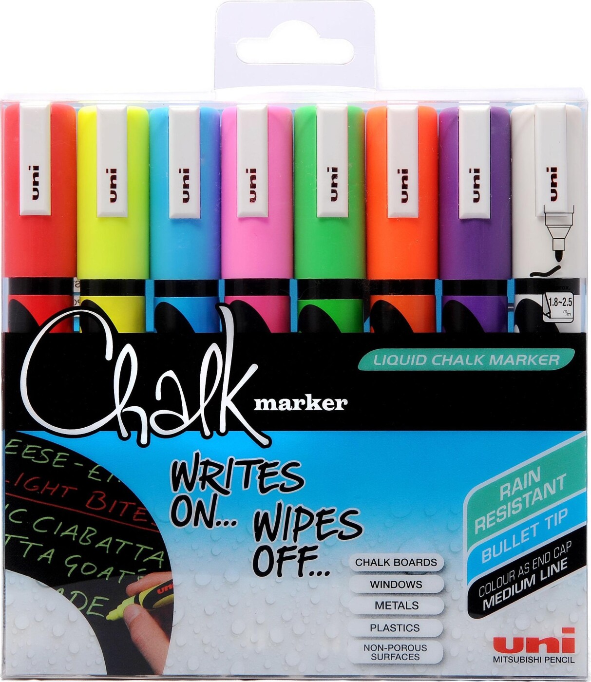 Uni - Chalk Marker 5m - Basis Farver, 8 Stk