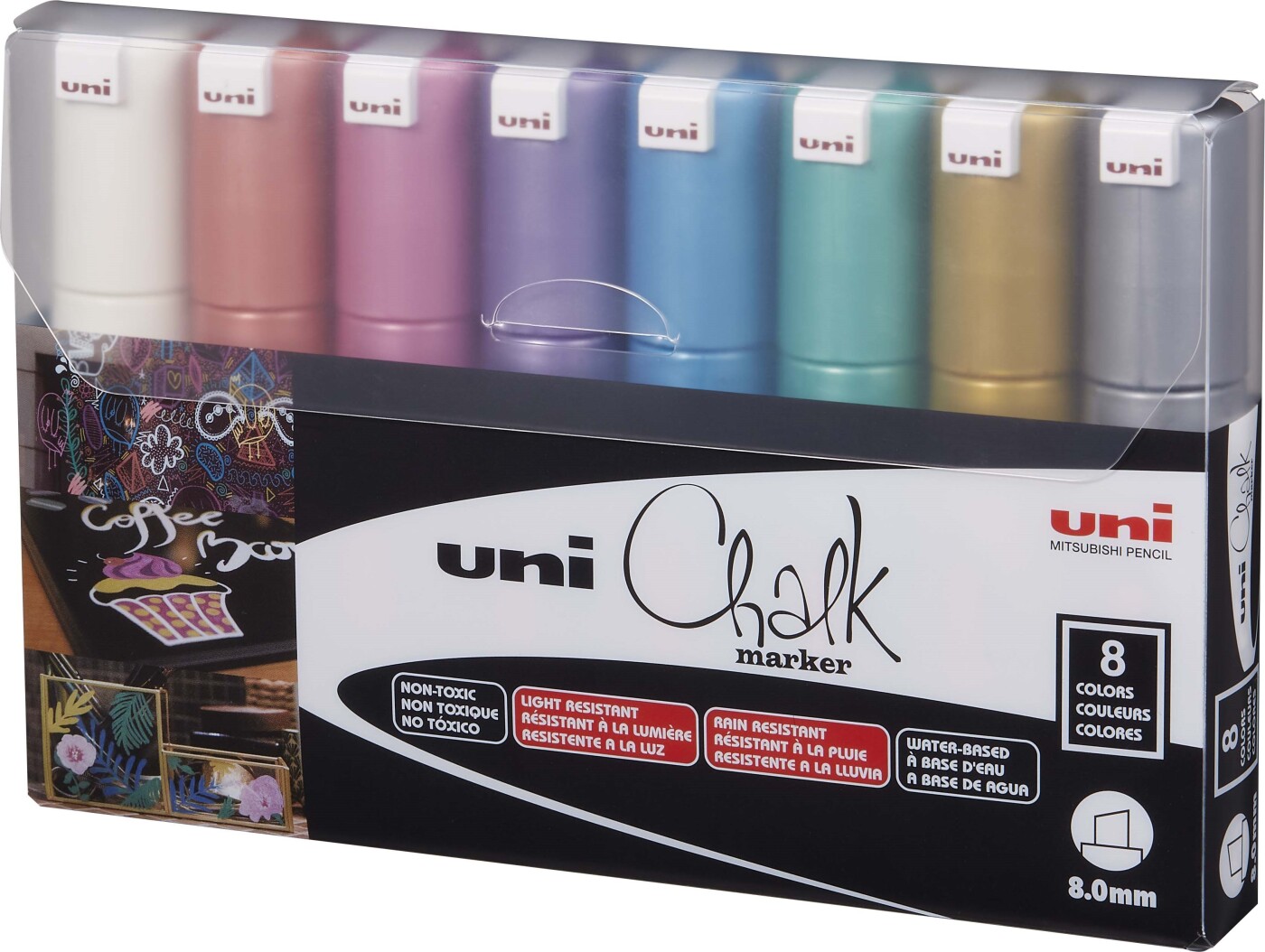 Uni - Chalk Marker Sæt - 8 Mm - Metallic Farver - 8 Stk