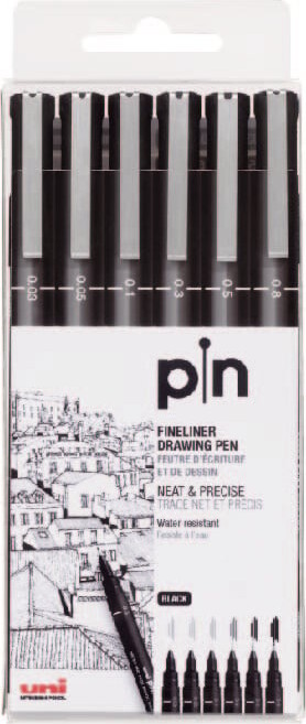 Uni - Pin Fineliner Drawing Pen Sæt - 0,03-0,8 Mm - Sort - 6 Stk