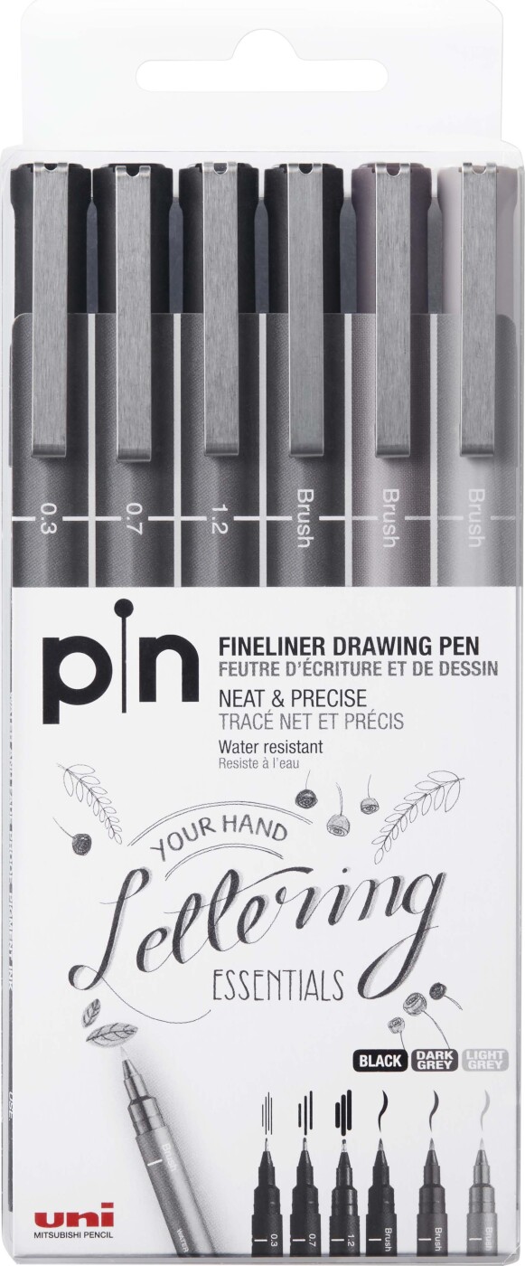 Uni - Pin Fineliner Drawing Pen Sæt - Hand Lettering - 6 Stk