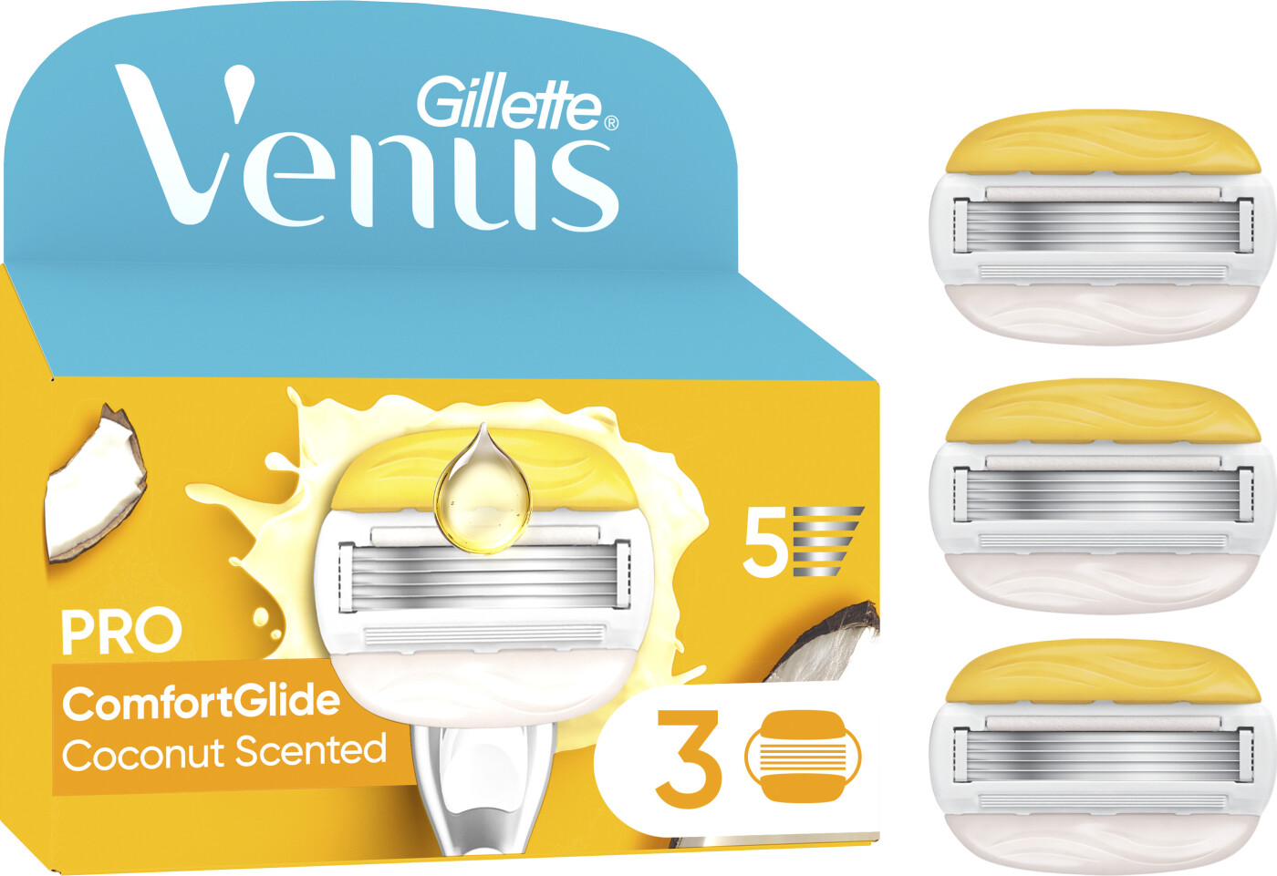 Venus - Gillette Venus Pro Comfortglide Coconut Olay Barberblade - Yellow/white - 3 Stk