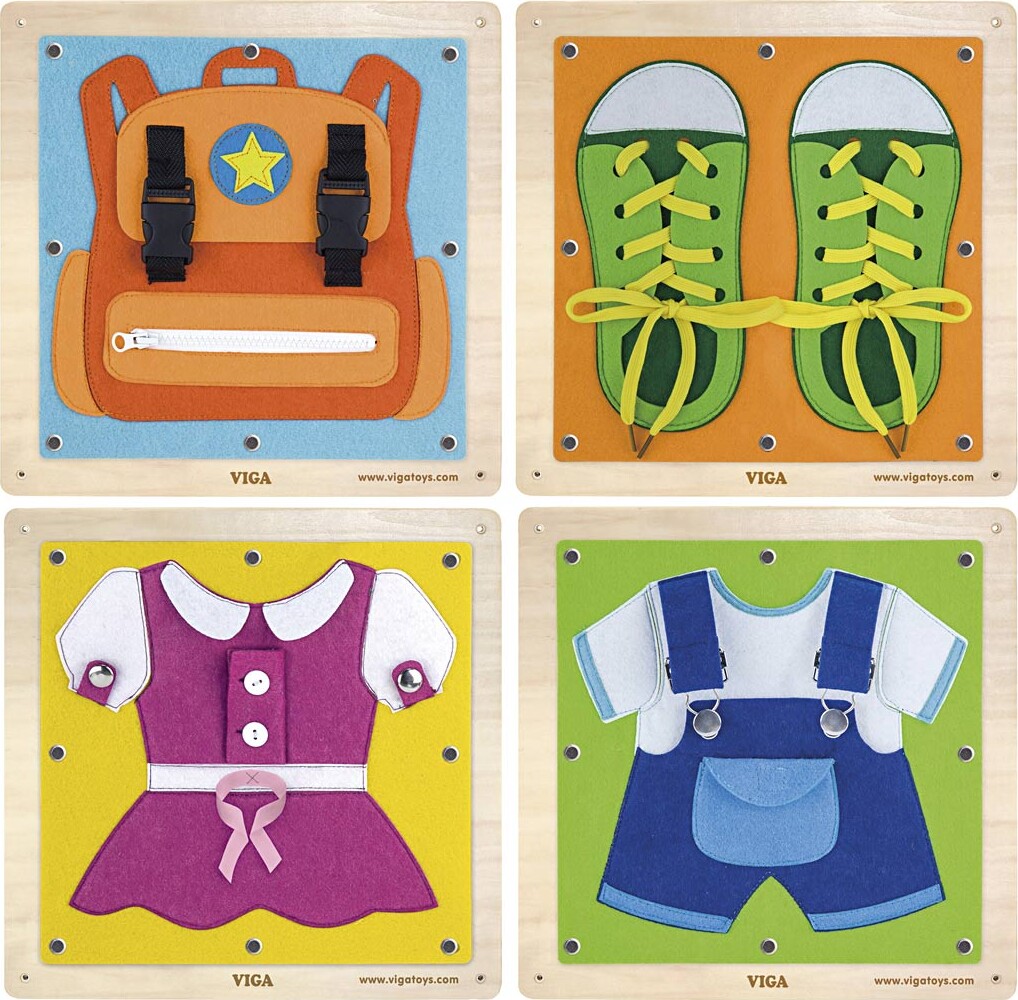 13: Viga - Aktivitetstavler - Læringslegetøj Tøj, Sko Og Taske - 4 Tavler