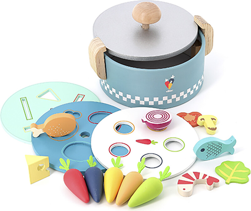 Vilac - Puttekasse I Træ - Gryde Med Mad - 13 Dele