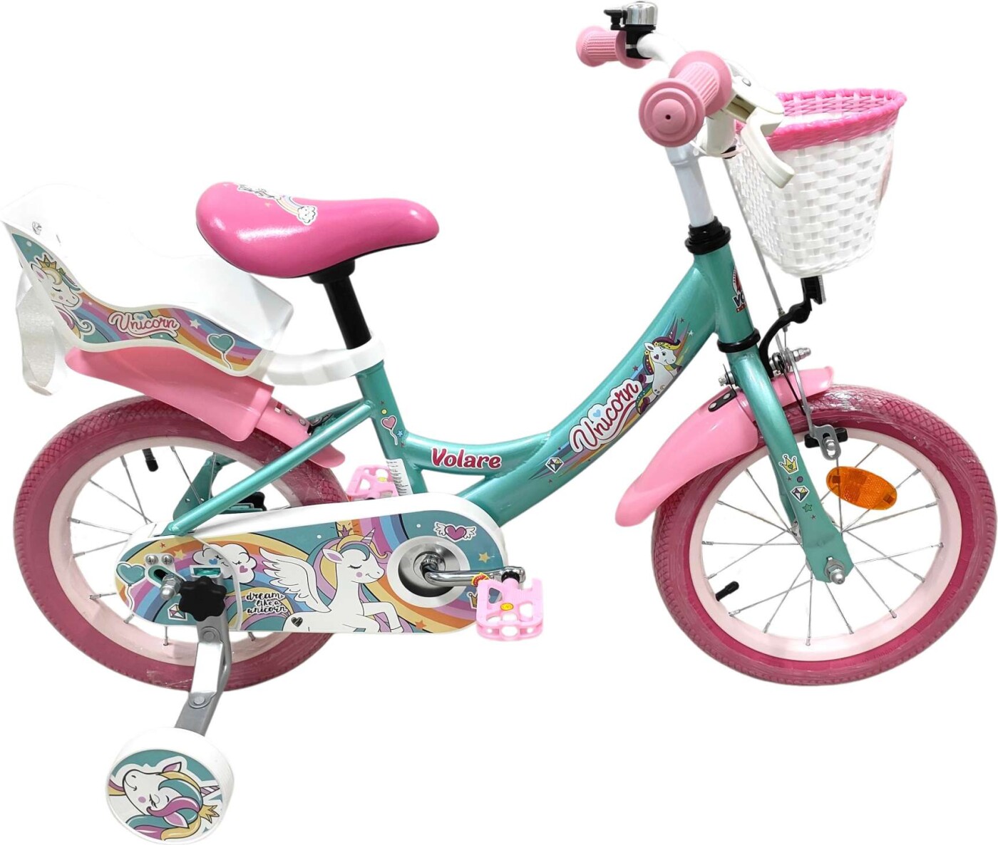 Volare - Unicorn - 14" Tommer - Støttehjul Kurv Sæde - Grøn