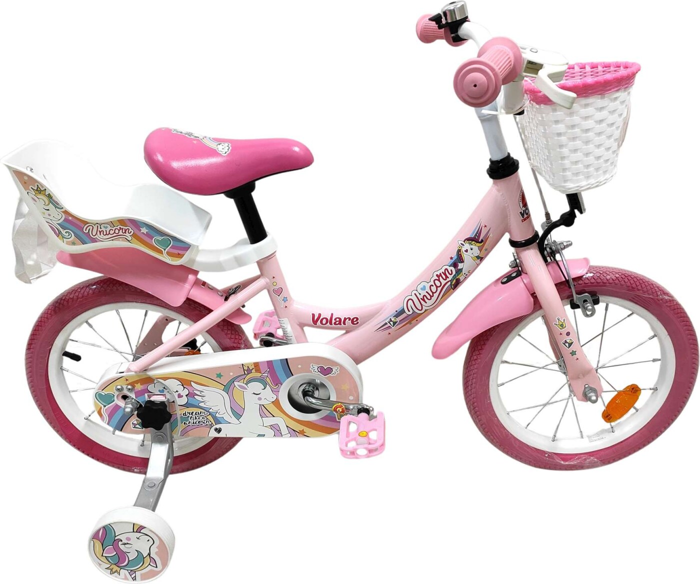Volare - Unicorn Cykel - 14" Tommer - Støttehjul Kurv Sæde - Pink