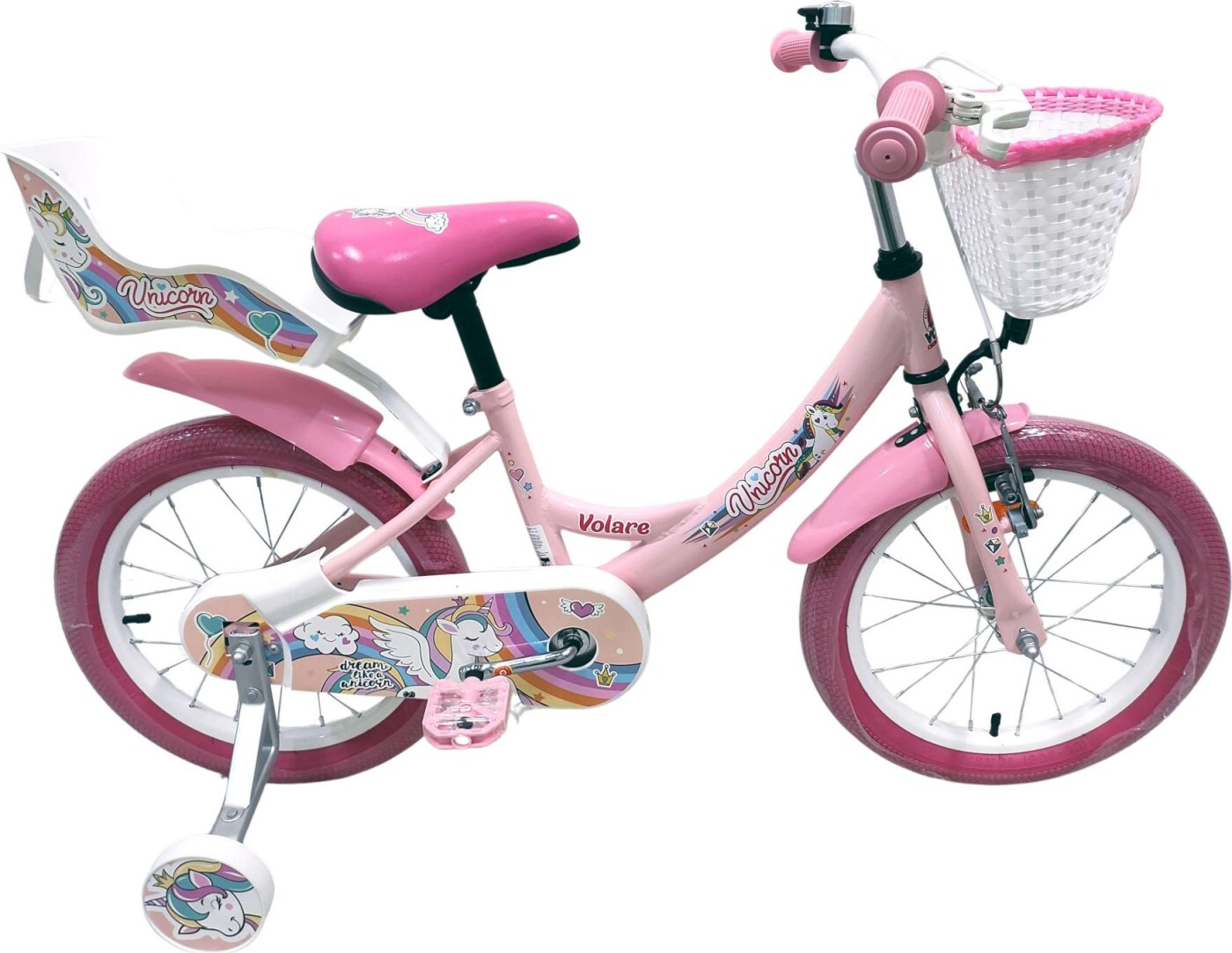 Volare - Unicorn Cykel - 16" Tommer - Støttehjul Kurv Sæde - Pink