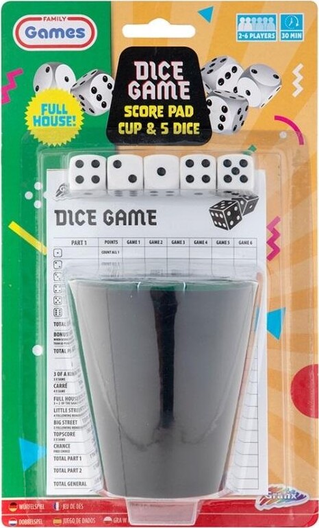 Yatzy Spil Sæt - Bæger, Blok Og 5 Terninger - Grafix