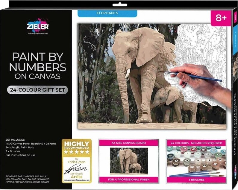 Zieler - Paint By Numbers - Akryl A3 Canvas Malesæt - Elefanter