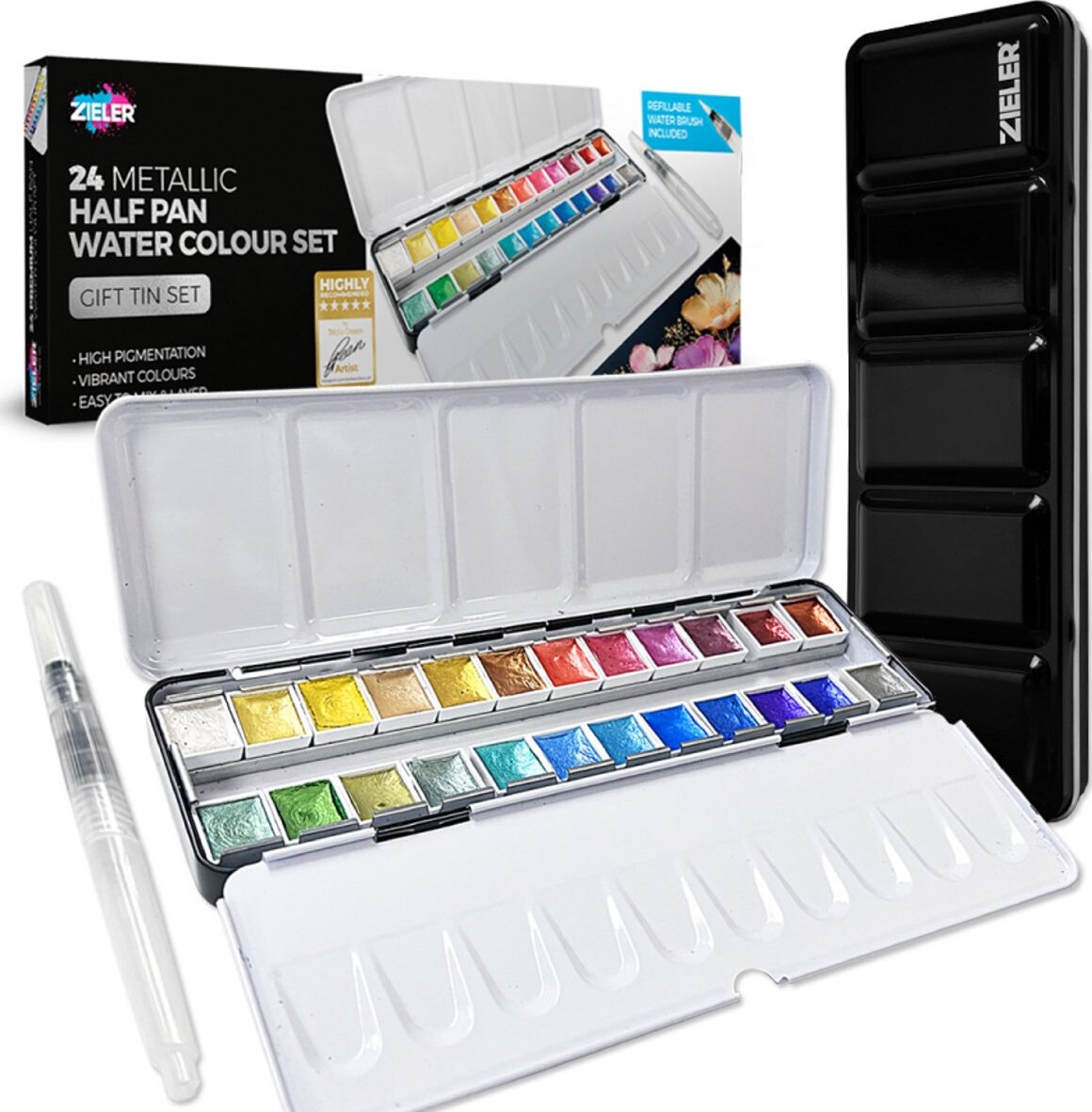 Zieler - Metallic Half Pan Water Colour Set - Akvarelfarver - 24 Stk.