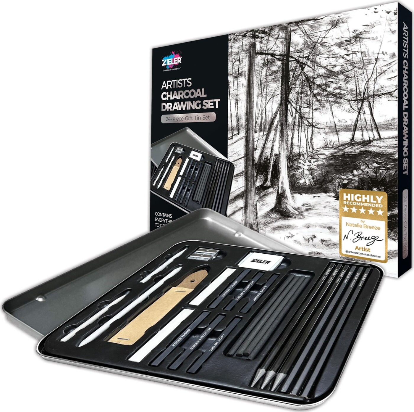 Zieler - Artists Charcoal Drawin Set - Tegnekul Skitsesæt - 24 Dele