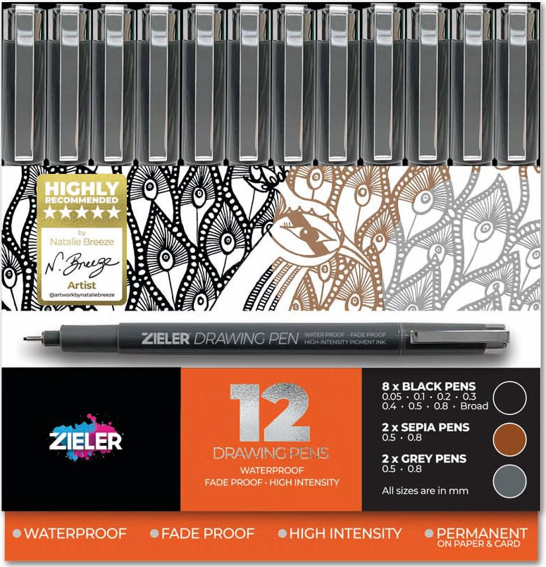 Zieler - 12 Drawing Pens - Water Pens - Fineliner Tusser - 12 Stk.