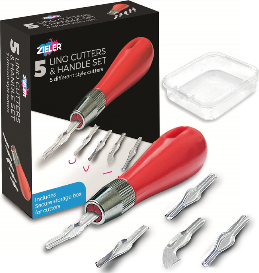 Zieler - 5 Lino Cutters & Handle - 5 Linoleumstryk Knive + Håndtag