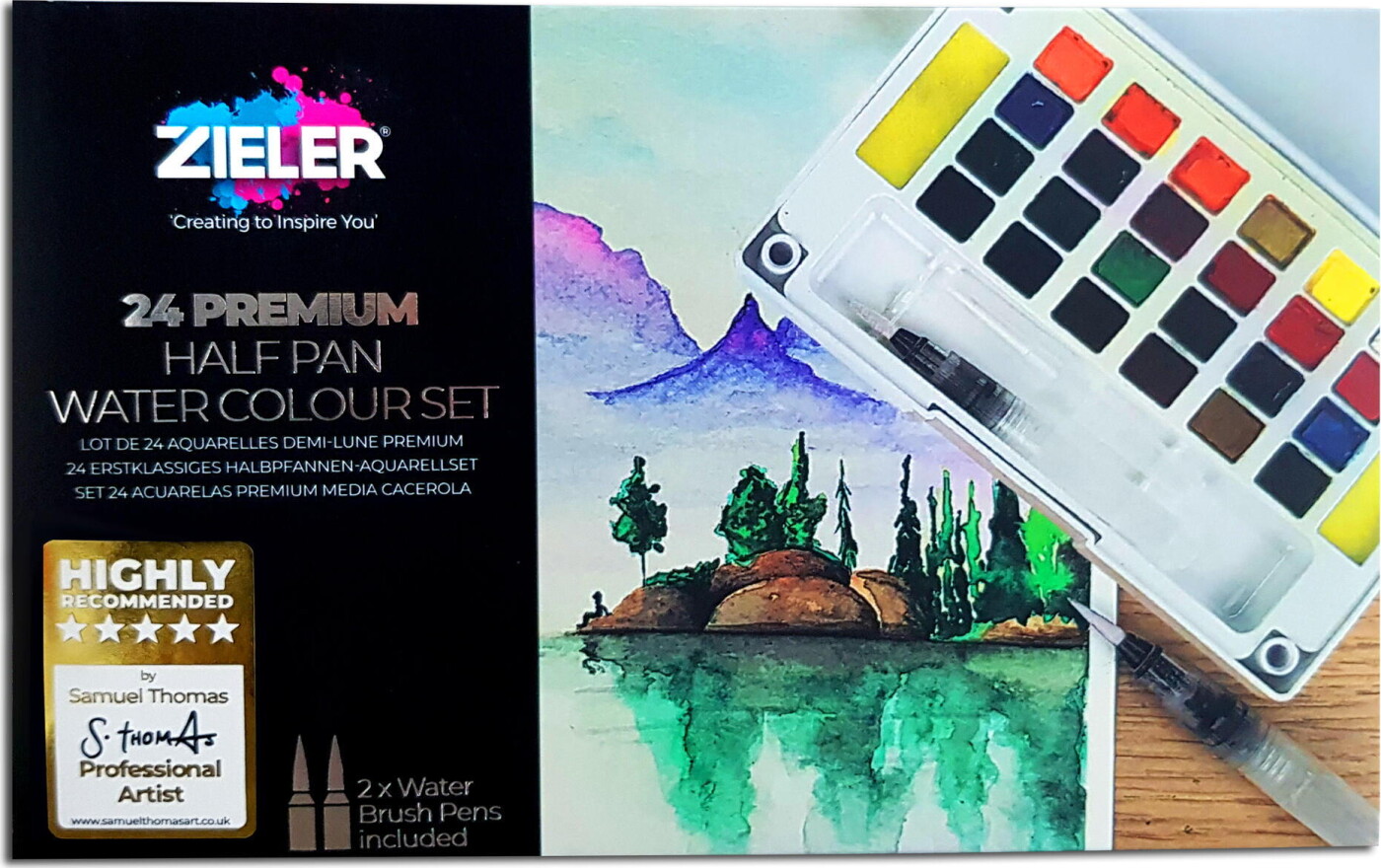 Akvarelfarver Sæt - Premium Half Pan - 24 Farver - Zieler