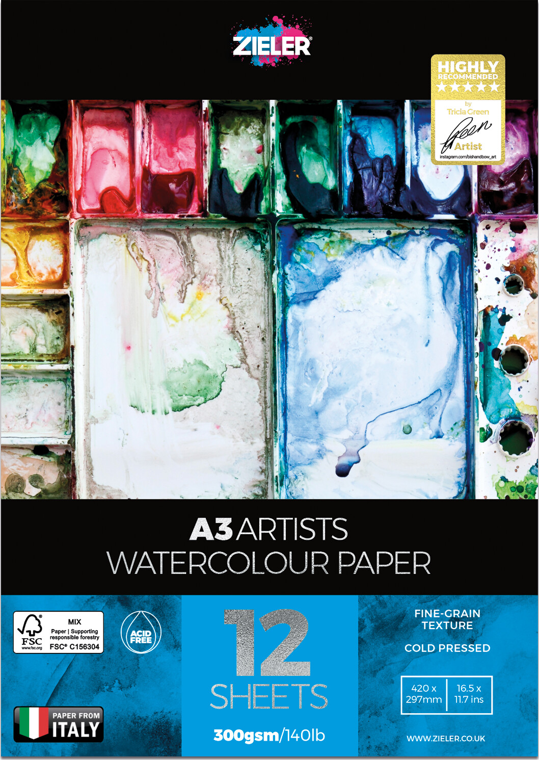 Zieler - A3 Artists Vandfarve Papir Blok - 12 Ark