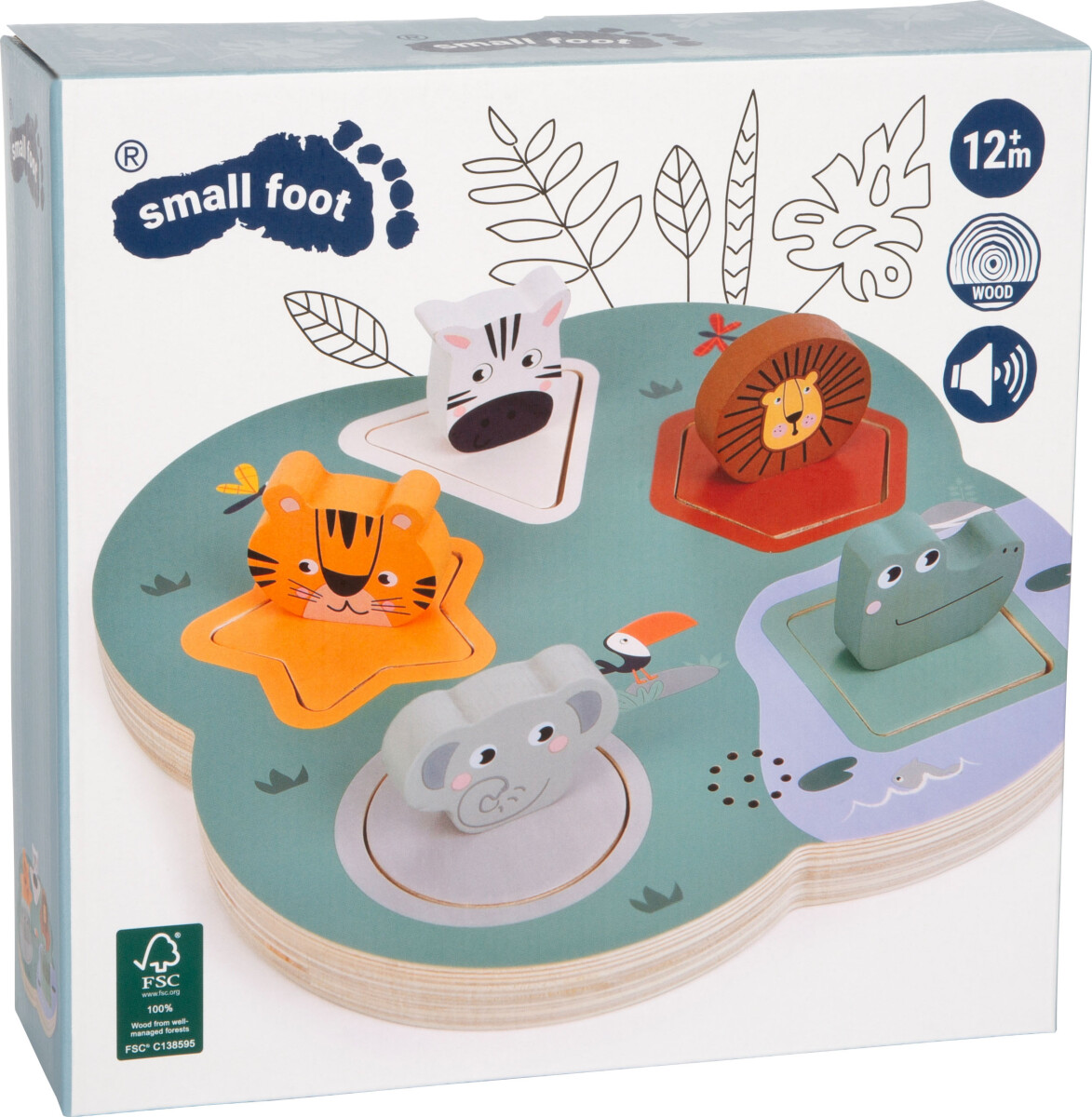 Small Foot - 3D Baby Knoppuslespil Med Dyrelyde - Safari - Træ