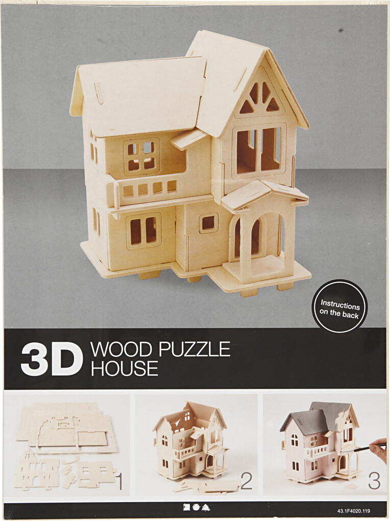 3D Træ Puslespil - Hus Med Altan - 15 8X17 5X19 5 Cm