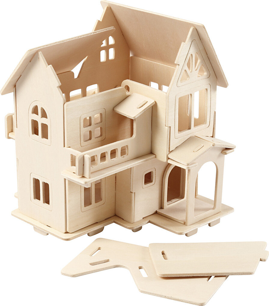 3D Træ Puslespil - Hus Med Altan - 15 8X17 5X19 5 Cm