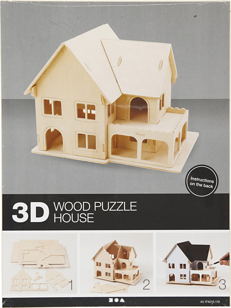 3D Træ Puslespil - Hus Med Veranda - 22 5X16X17 5 Cm