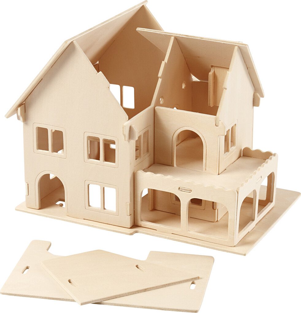 3D Træ Puslespil - Hus Med Veranda - 22 5X16X17 5 Cm