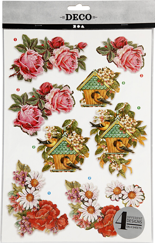 3D Motiver - Blomster Og Fugle - 21X30 Cm - 4 Ark