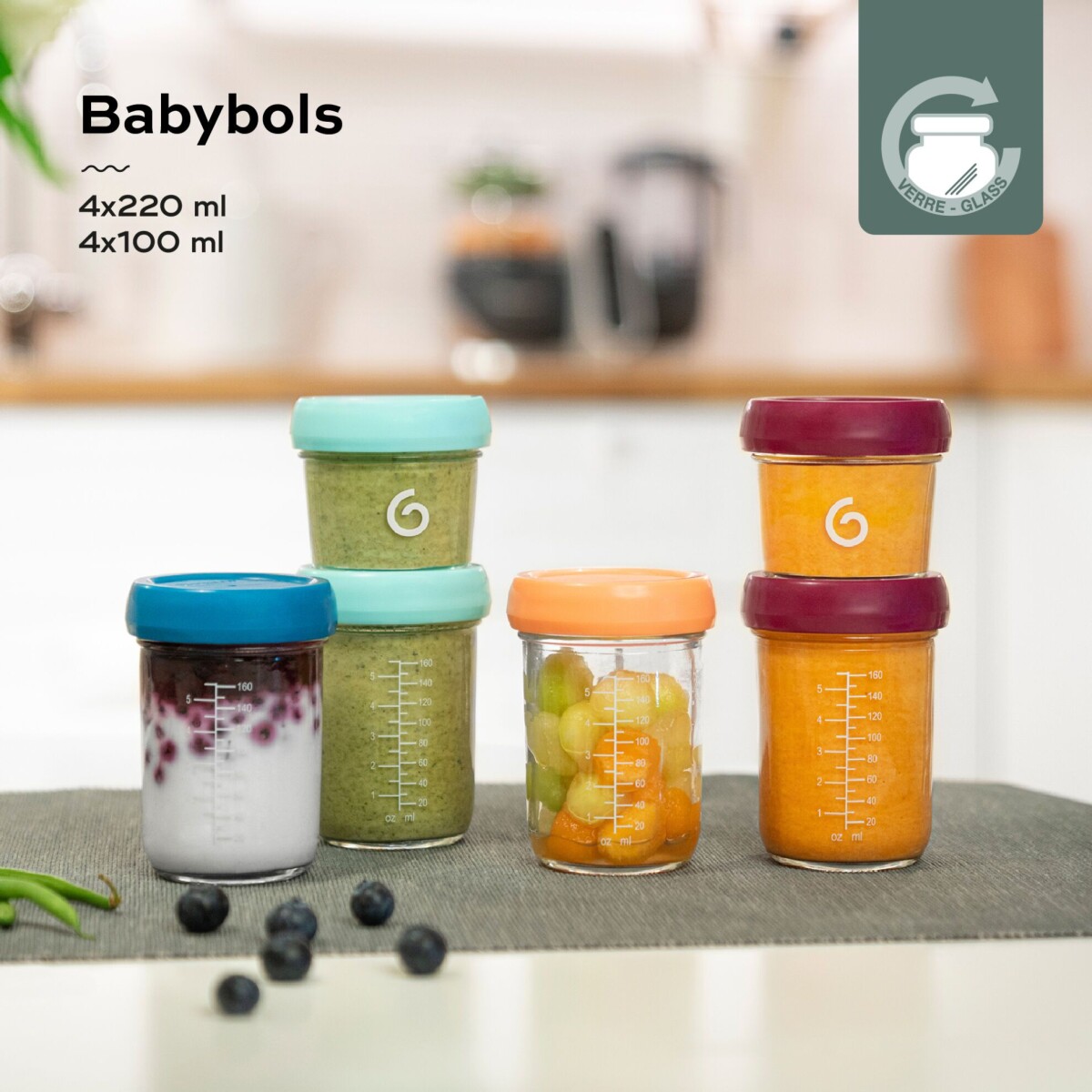 Babymoov - Glass Babybols Multiset - 4X120Ml 4X240Ml Recipe Book