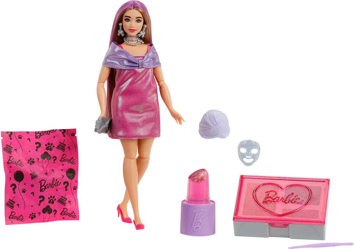 Barbie - Party Unboxed - Lyserød Curvy Dukke - 10 Overraskelser