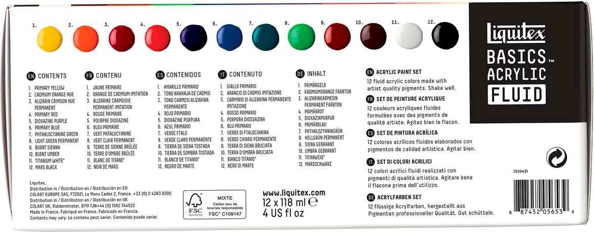 Liquitex - Basics Acrylic Fluid - Akrylmaling Sæt - 12X118 Ml