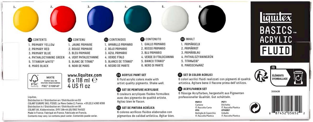 Liquitex - Basics Acrylic Fluid - Akrylmaling Sæt - 6X118 Ml Row - 3699430