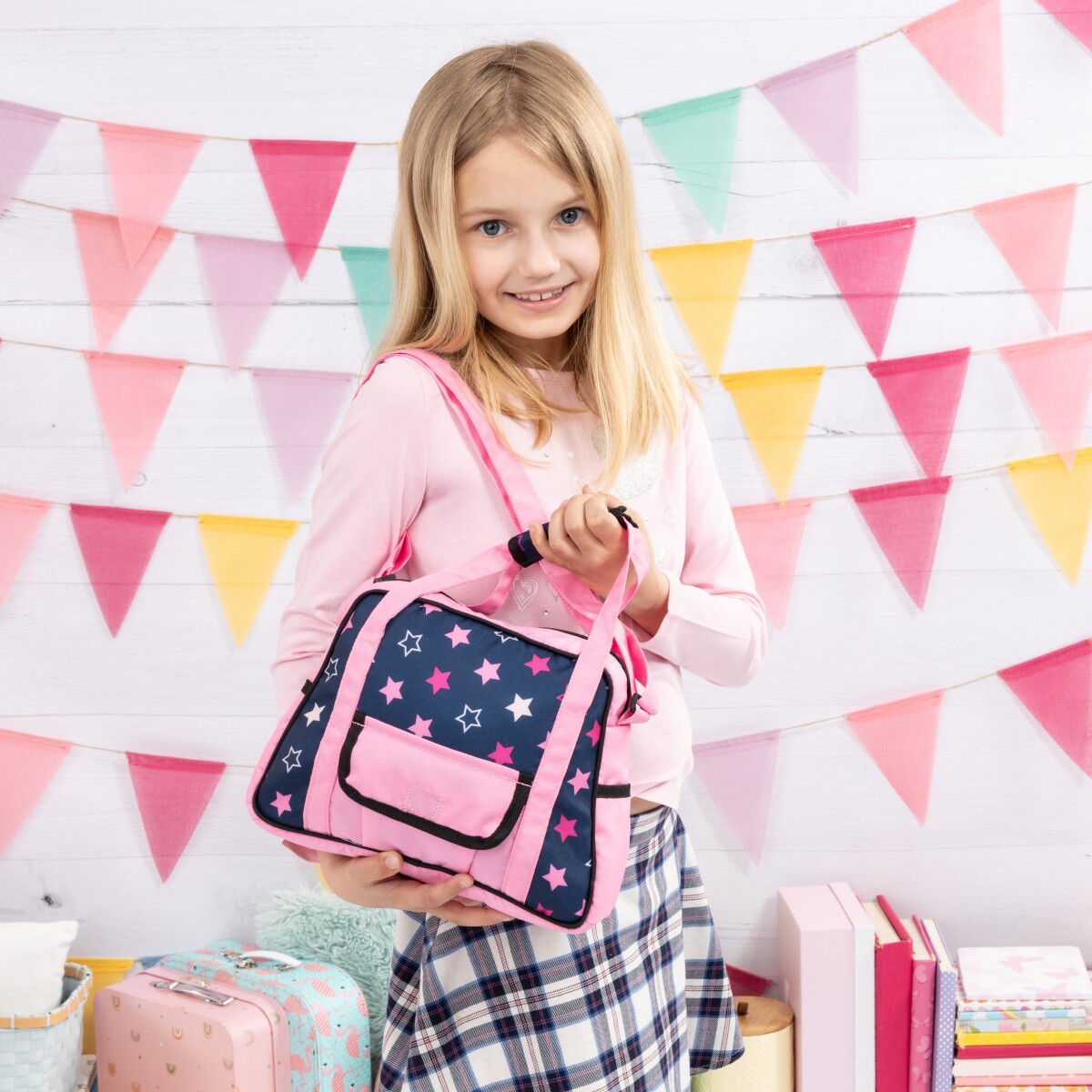 Dukke Pusletaske Med Puslepude Og Ble - Blå Og Pink - Bayer