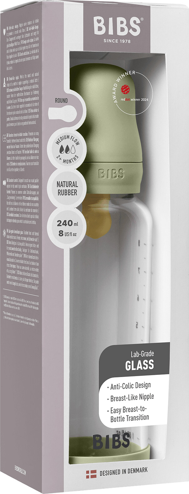 Bibs - Glass Baby Bottle Round Latex Medium Flow - Sage - 240 Ml