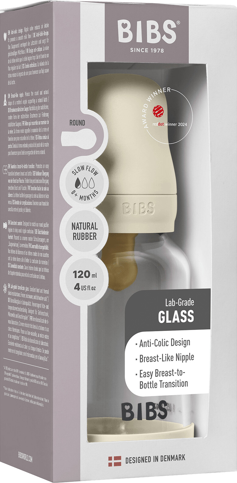 Bibs - Glass Baby Bottle Round Latex Slow Flow - Ivory - 120 Ml