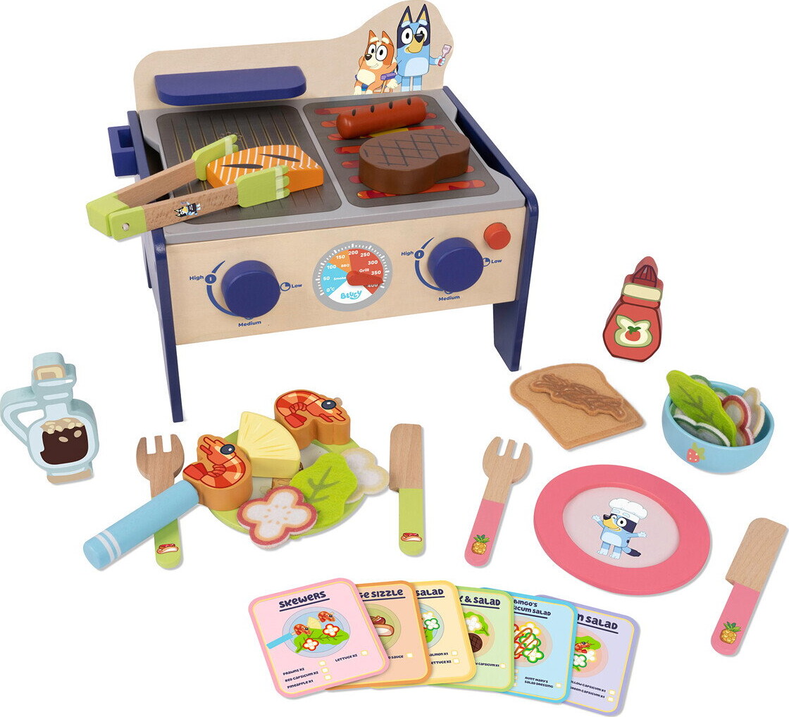 Bluey - Bbq And Salat Set - Grill Legetøj I Træ - 34 Dele