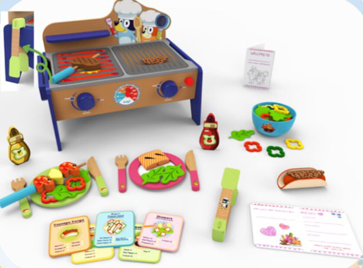Bluey - Bbq And Salat Set - Grill Legetøj I Træ - 34 Dele