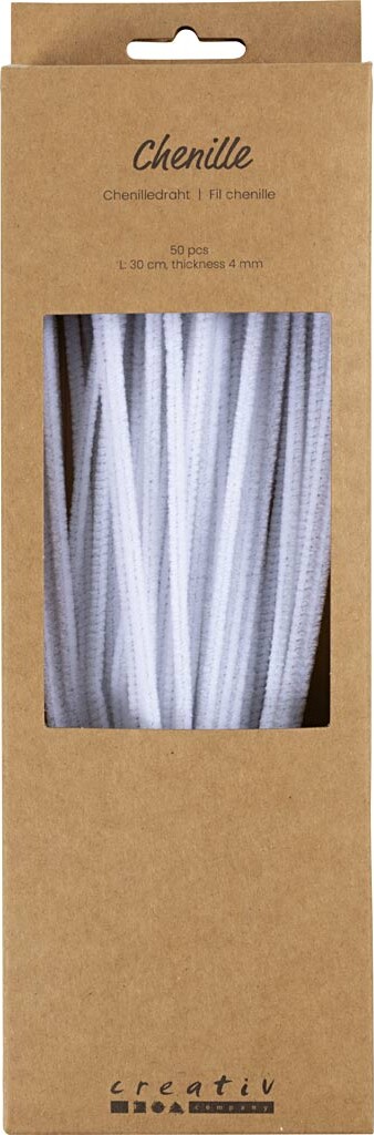 Chenille - L 30 Cm - Tykkelse 4 Mm - Hvid - 50 Stk